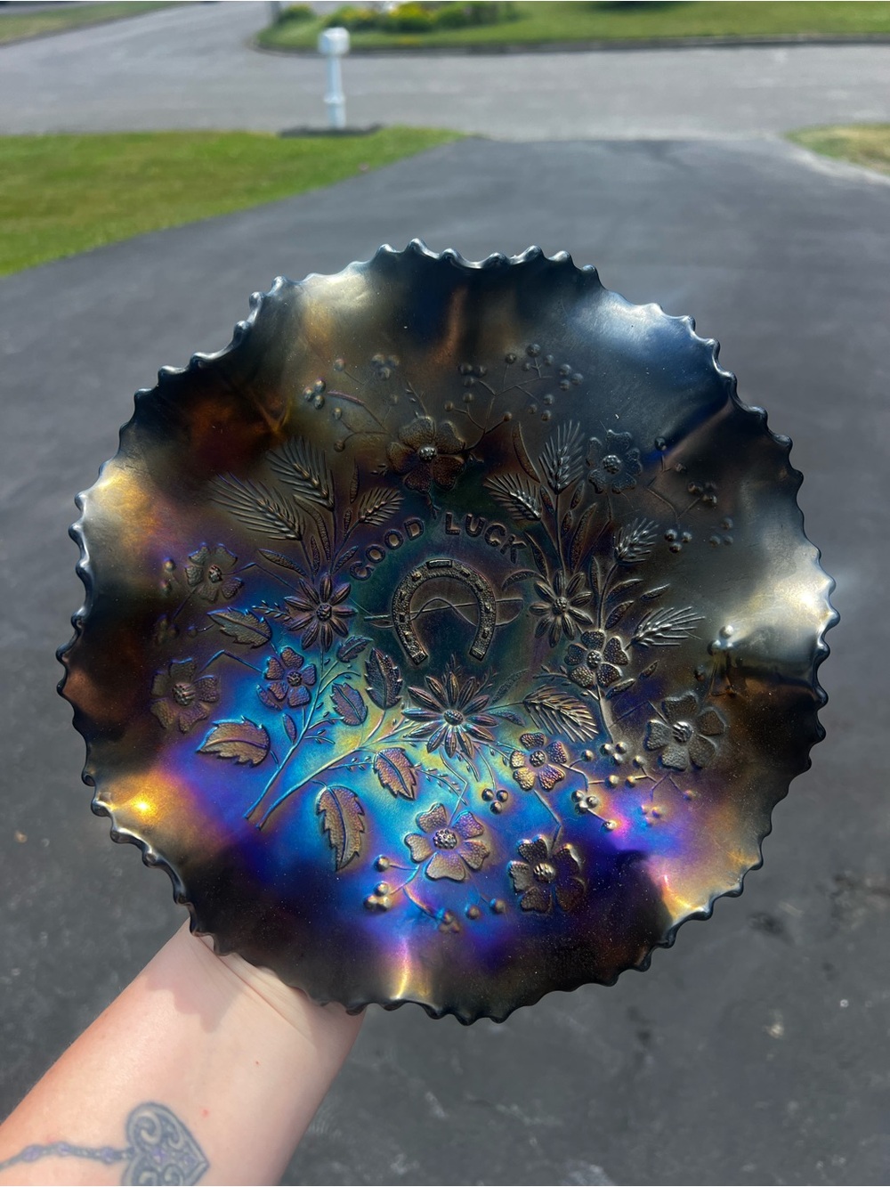 Iridescent 'Good Luck' Carnival Glass Bowl - Blue/Purple